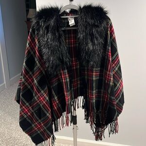 Very stylish plaid wrap with fur collar